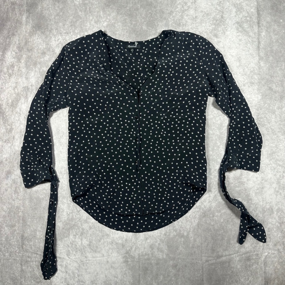 Madewell Womens Silk Star Print Button Down Top Tie Sleeve Black White Size S